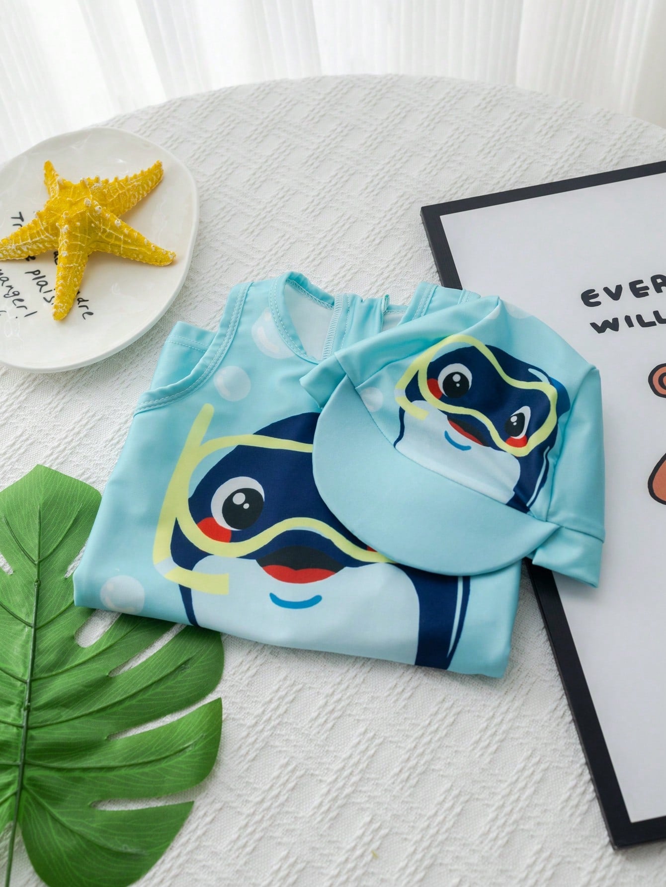 Baby Boy/Girl Blue Summer Dolphin Pattern Sleeveless Round Neck Zipper Jumpsuit Swimsuit With Cute Dolphin Printed Hat, 2pcs/Set, Suitable For Beach Swimming Vacation Water Play