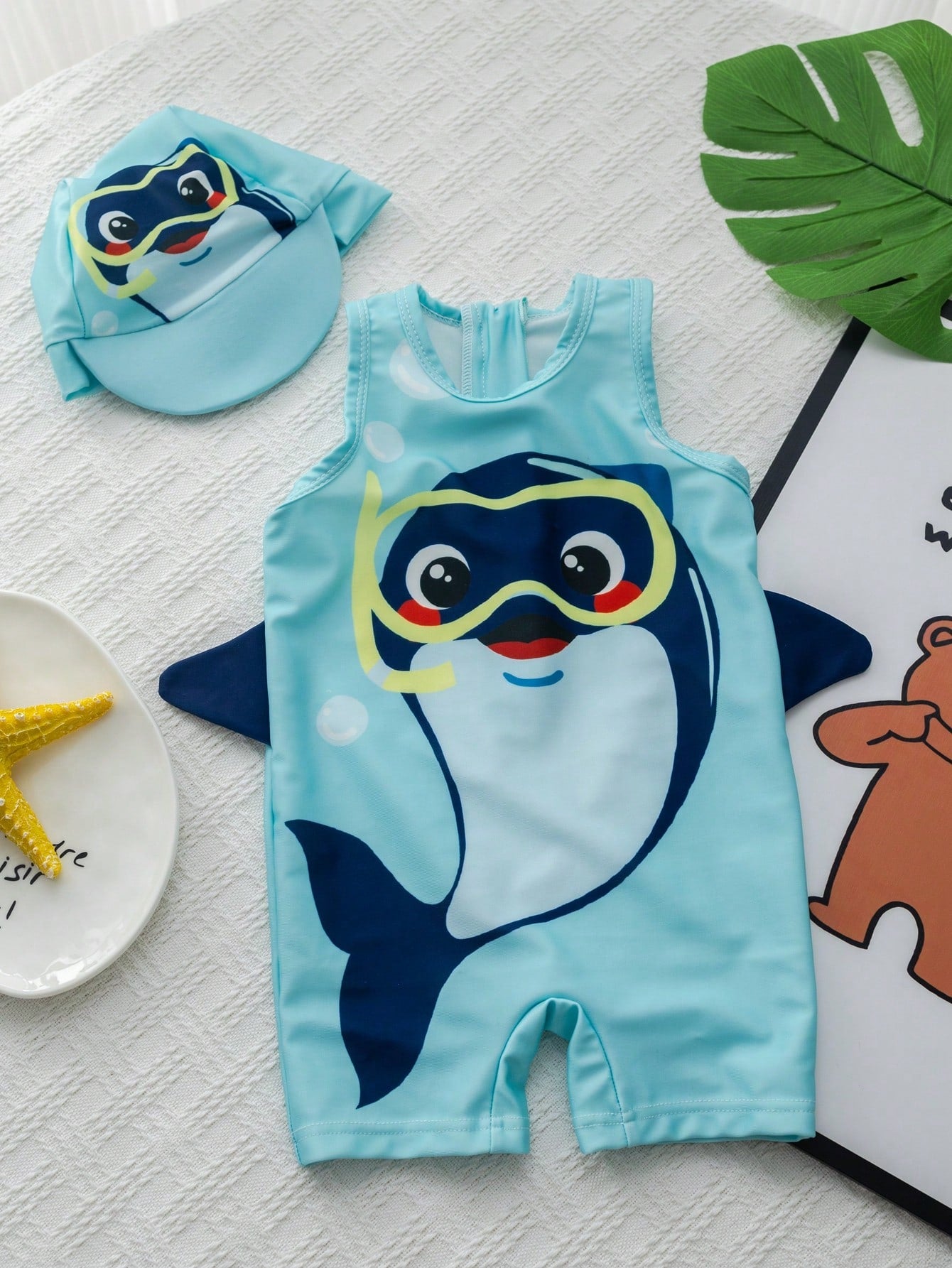 Baby Boy/Girl Blue Summer Dolphin Pattern Sleeveless Round Neck Zipper Jumpsuit Swimsuit With Cute Dolphin Printed Hat, 2pcs/Set, Suitable For Beach Swimming Vacation Water Play