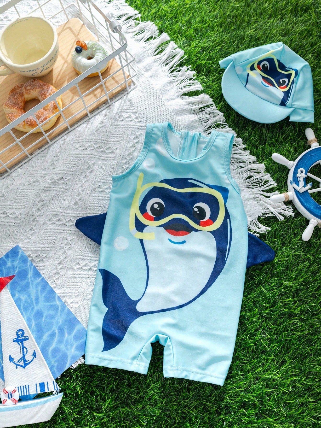 Baby Boy/Girl Blue Summer Dolphin Pattern Sleeveless Round Neck Zipper Jumpsuit Swimsuit With Cute Dolphin Printed Hat, 2pcs/Set, Suitable For Beach Swimming Vacation Water Play