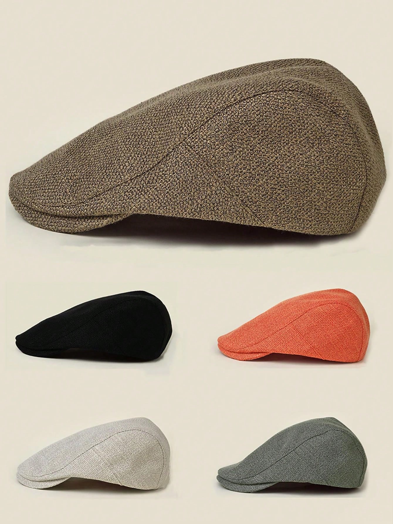 1pc Unisex Solid Color Retro Style Coarse Linen Beret Cap Forward Hat For Men, Peaked Cap For Truck Drivers