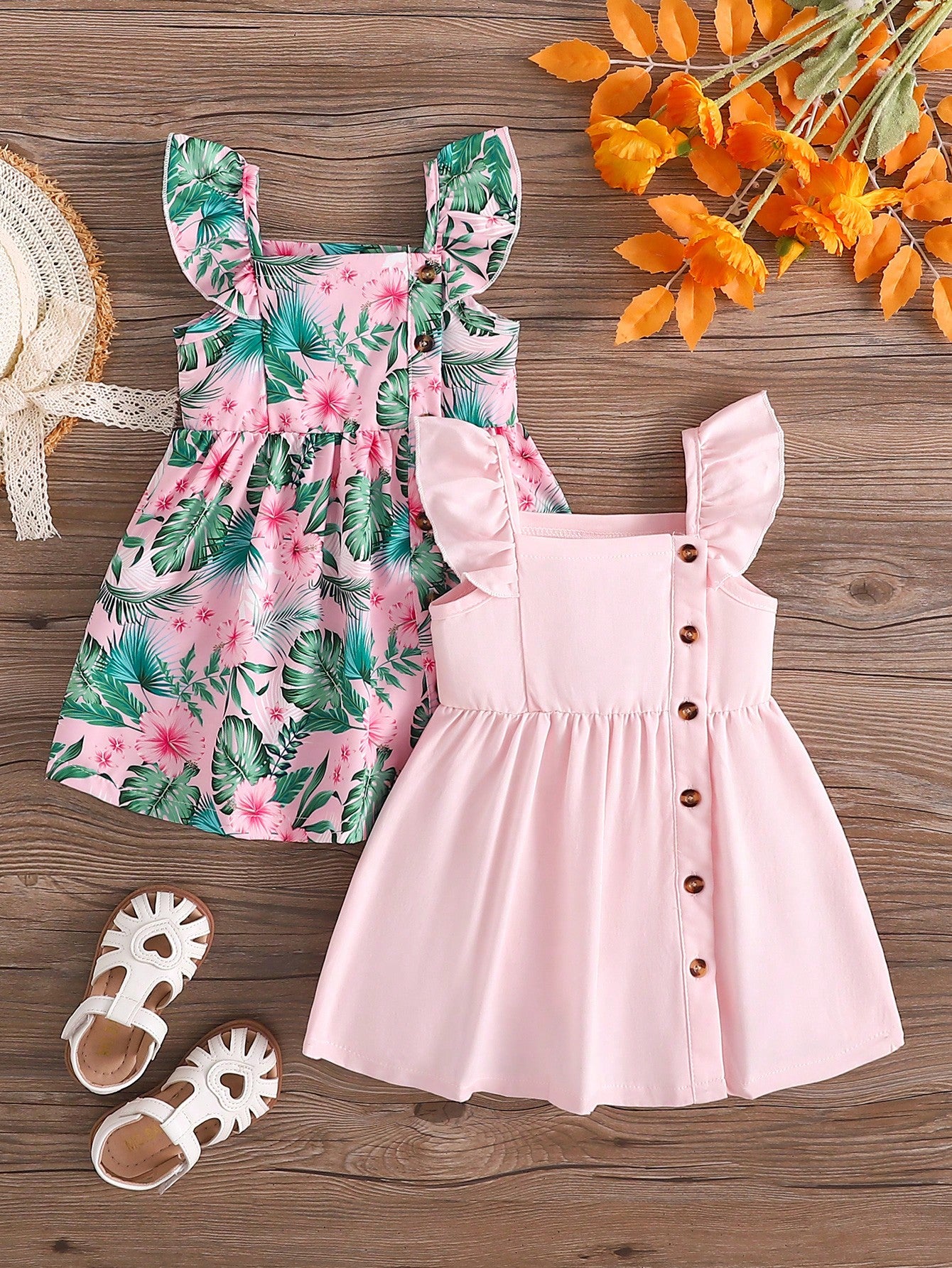 Baby Girl 2pcs/Pack Fashionable Leaf Print Button Detail Ruffle Trim Sleeveless Dress & Solid Dress For Summer Holiday