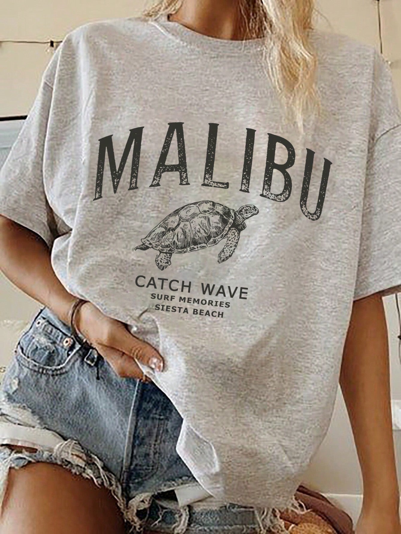 EZwear Loose Fit Casual Beach Turtle & Letter Print Plus Size T-Shirt, Summer