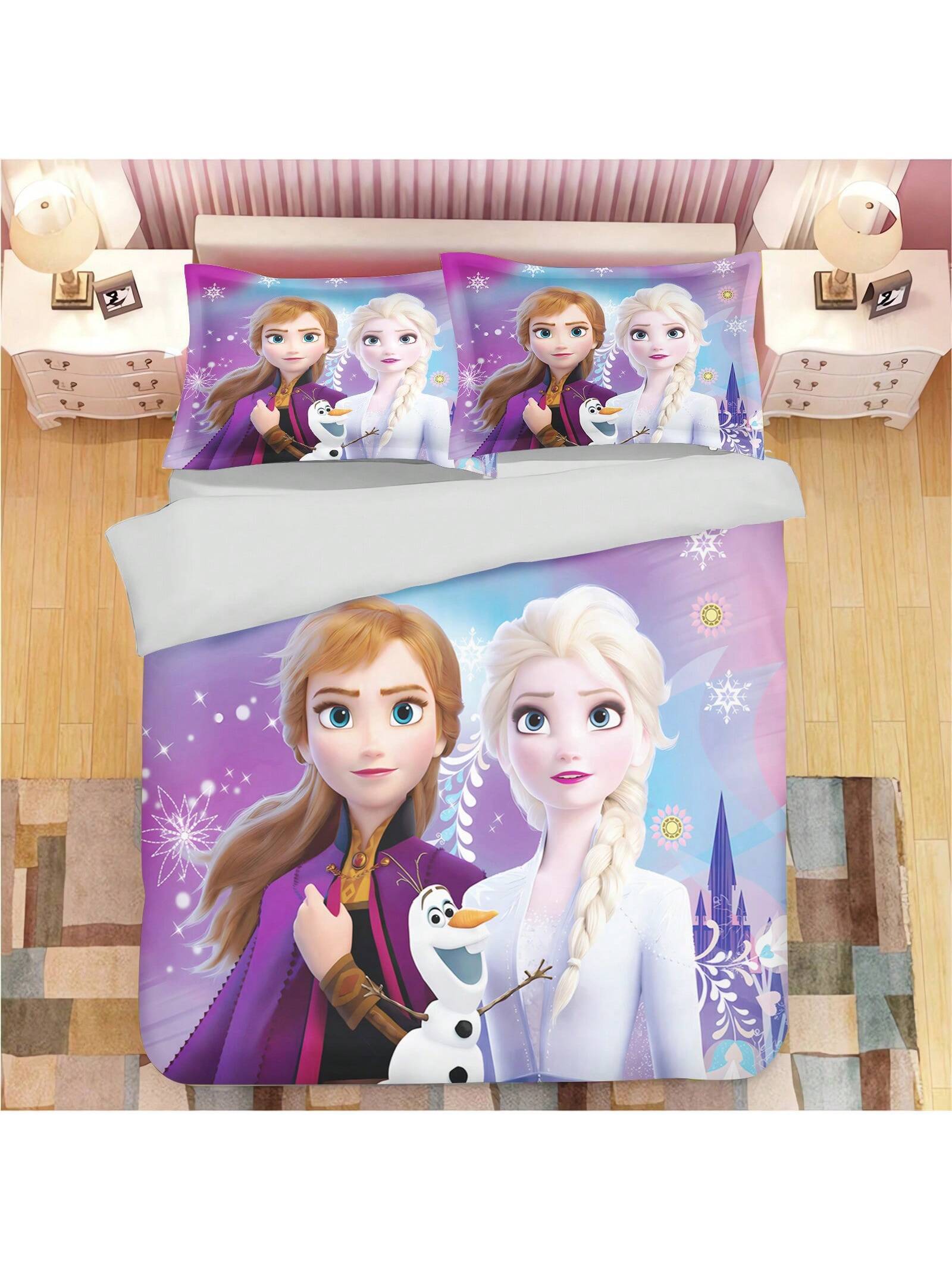 Frozen Duvet Cover, Anna Olaf Bedding Set,Anime Cartoon Children'S Bed Linen 135 X 200 Cm For Girl'S Room 3pcs  1 Quilt Cover + 2 Pillowcases (No Filling)