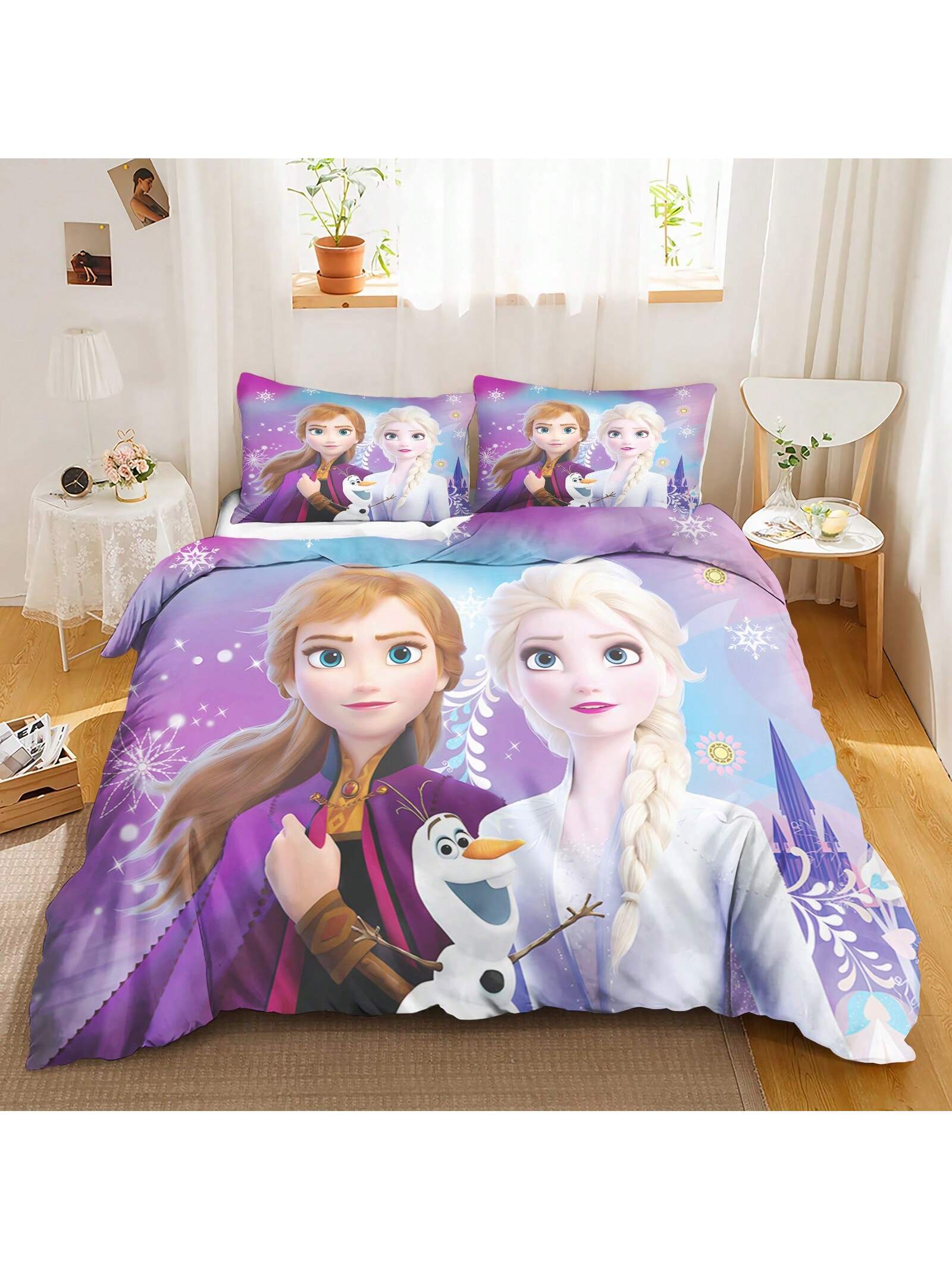 Frozen Duvet Cover, Anna Olaf Bedding Set,Anime Cartoon Children'S Bed Linen 135 X 200 Cm For Girl'S Room 3pcs  1 Quilt Cover + 2 Pillowcases (No Filling)