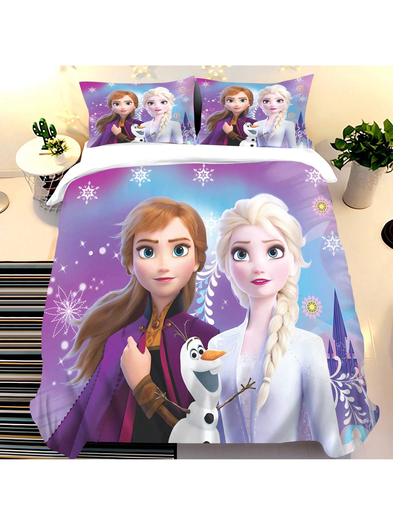 Frozen Duvet Cover, Anna Olaf Bedding Set,Anime Cartoon Children'S Bed Linen 135 X 200 Cm For Girl'S Room 3pcs  1 Quilt Cover + 2 Pillowcases (No Filling)