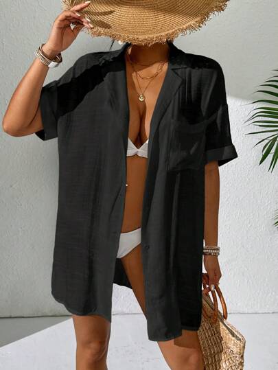 Swim Women Simple Solid Color Short Sleeve Kimono Cover Up,Summer Beach