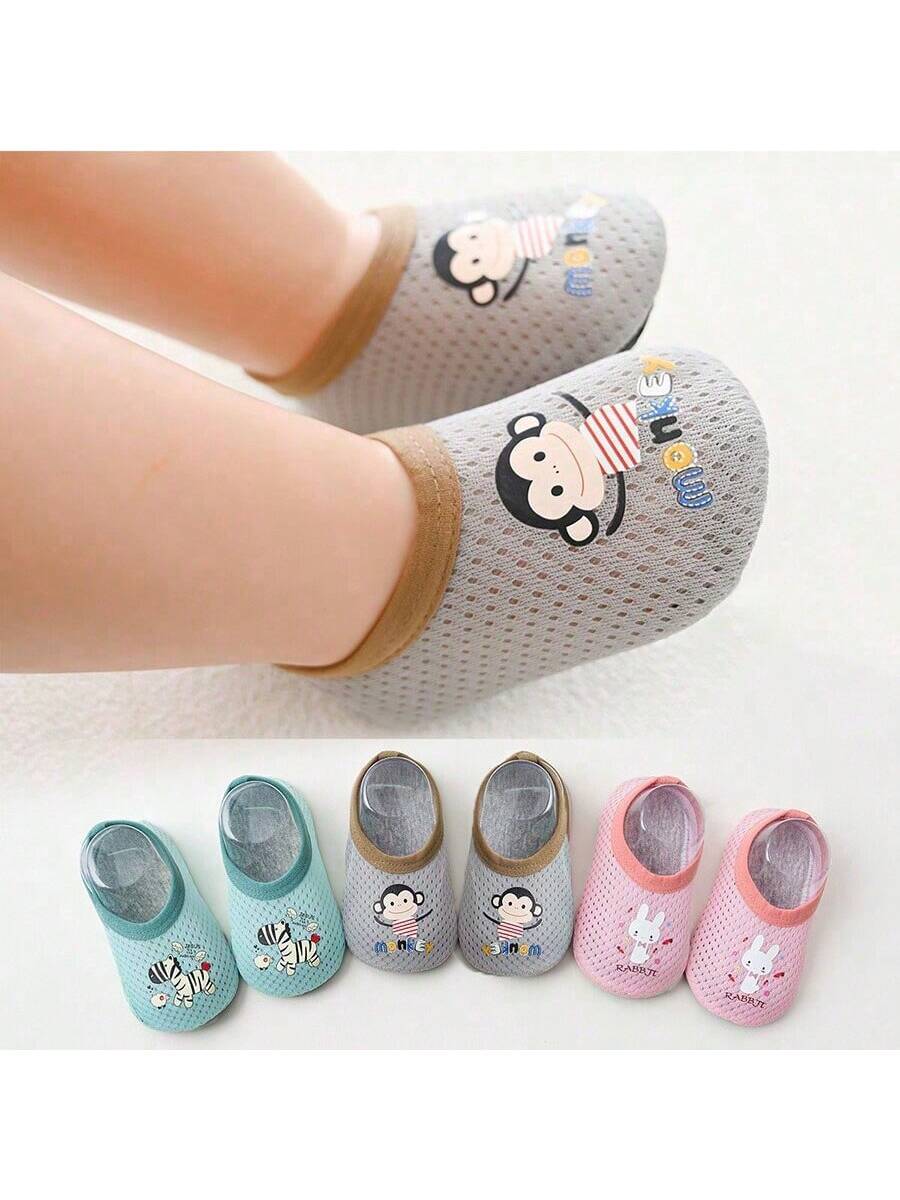 1pair Baby Girls' & Boys' Cartoon Pattern Anti-Slip Soft Sole Indoor Slipper Socks, Spring And Autumn