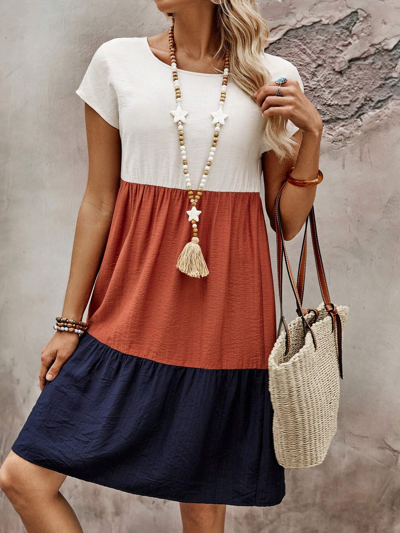 EMERY ROSE Bohemian Style Multi-Layered Dolly Mini Dress, Colorblock Round Neck Short Sleeve Casual Dress For Women