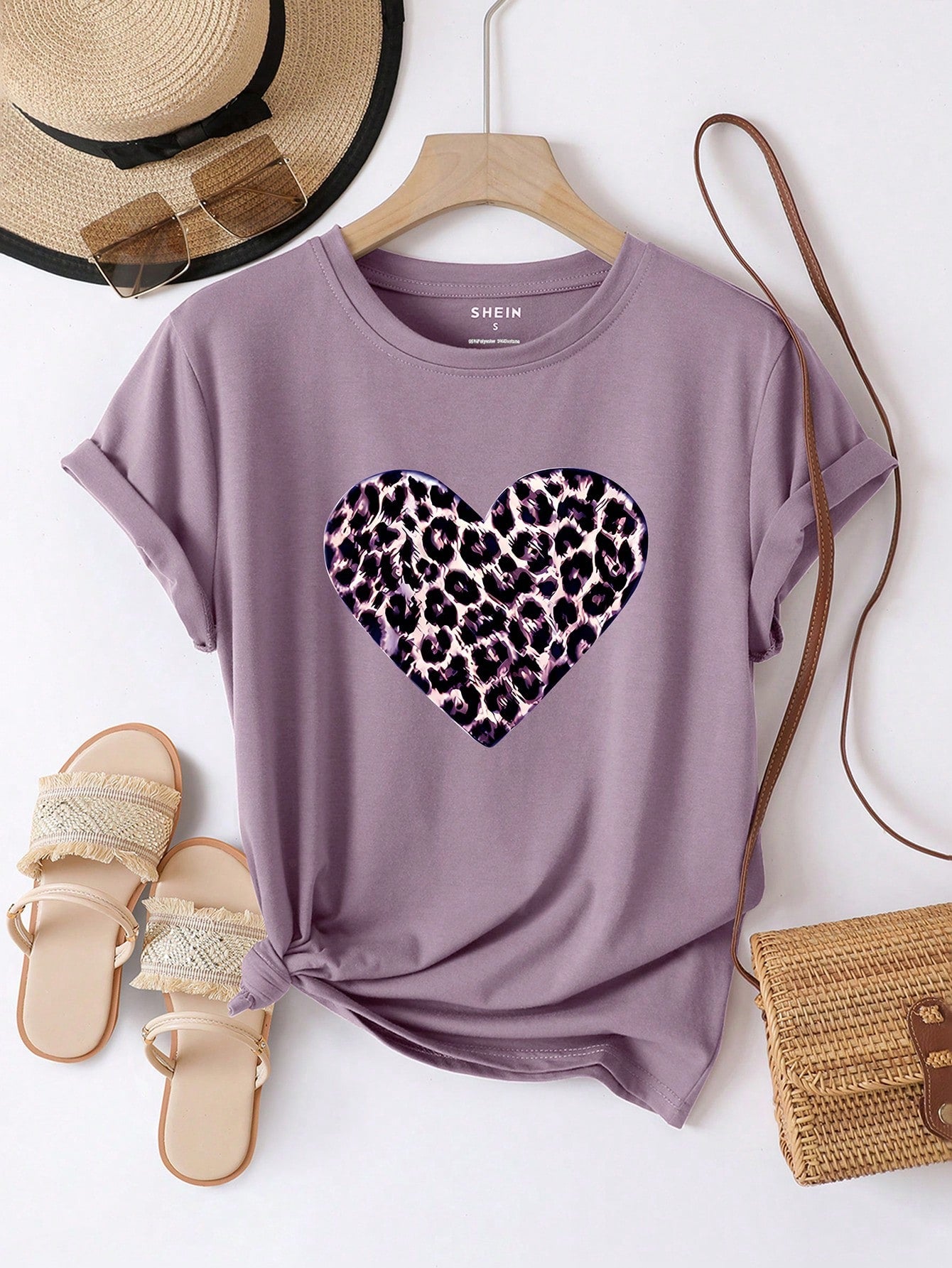 EZwear Women's Summer Heart Leopard Print Round Neck Short Sleeve Casual T-Shirt