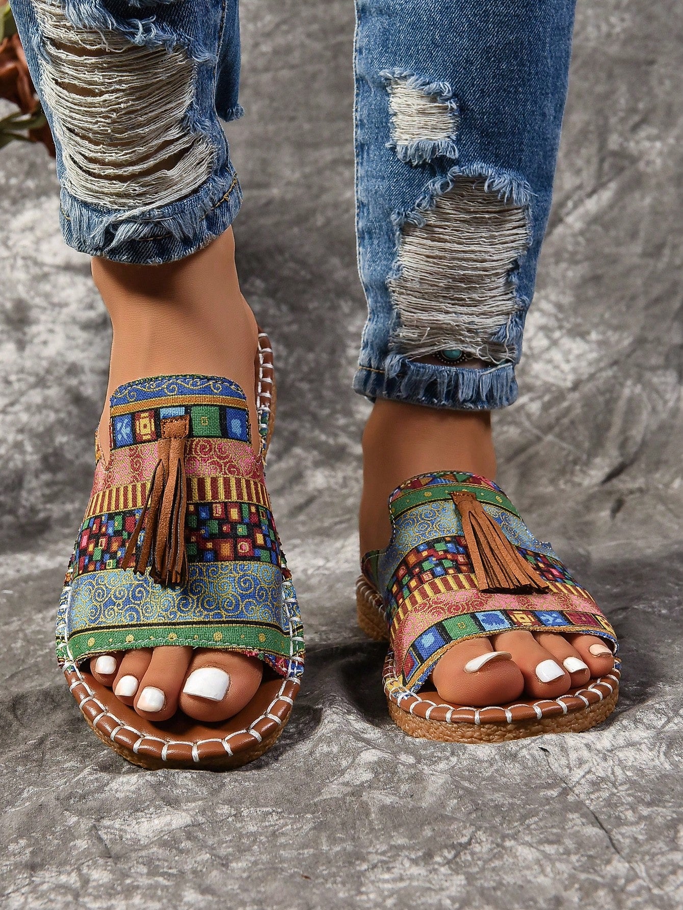 Ladies' Fringe Decor Ethnic Style Flat Sandals, Waterproof Beach Slippers, Slip-Resistant Outdoor Fashionable Match-All Shoes