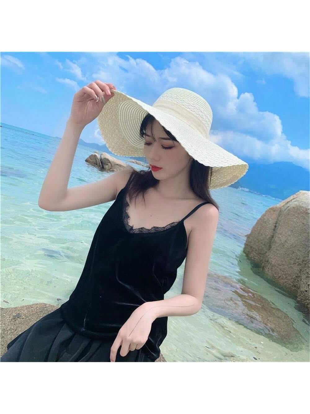 Women's Summer Korean Straw Hat Imitation UV Beach Hat Wide Brim Sun Hat Travel Hat Women