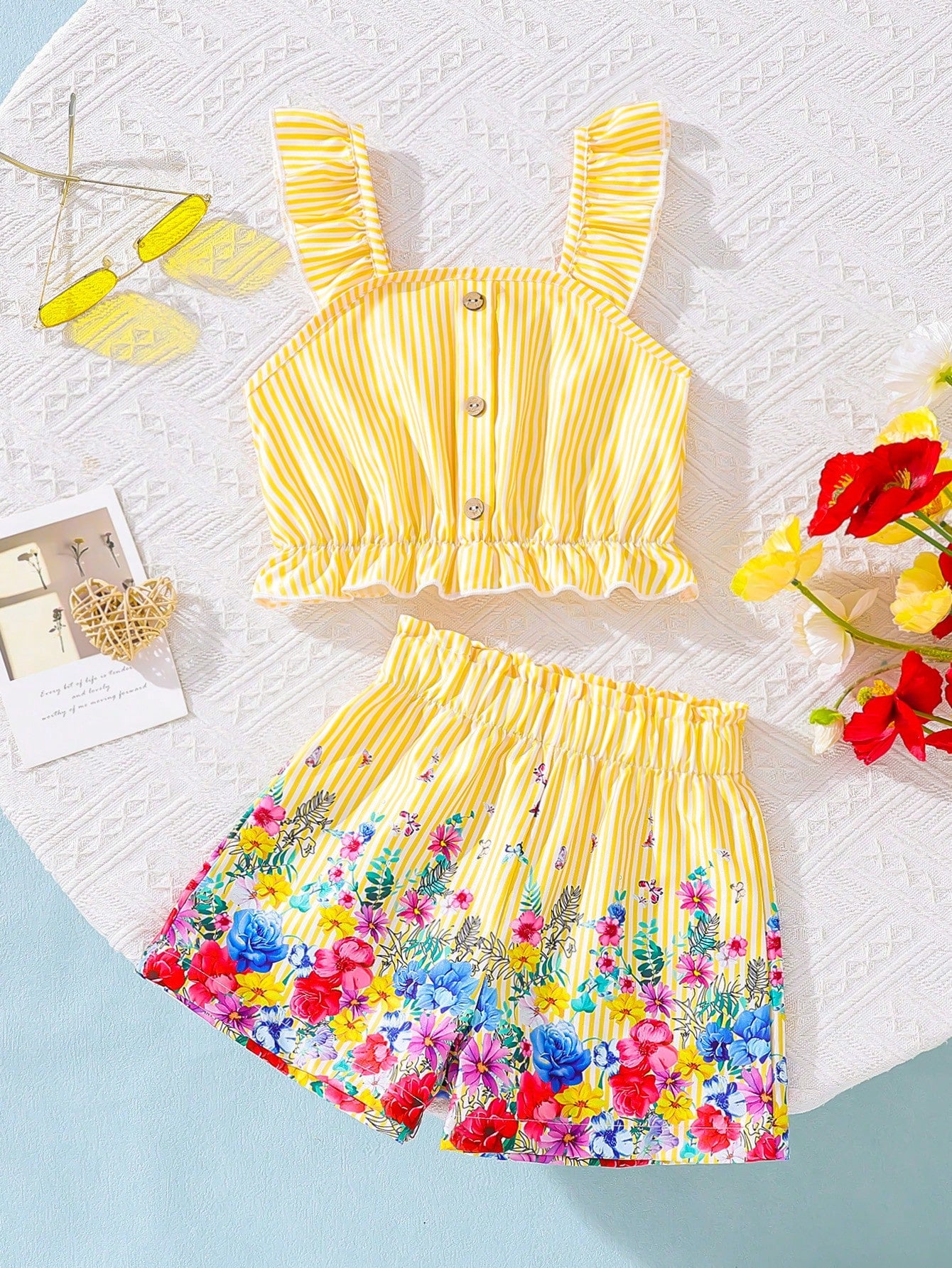 Young Girl Elegant & Floral Patterned Button Design Tank Top & Elastic Shorts Set, Suitable For Vacation And Travel, Spring/Summer