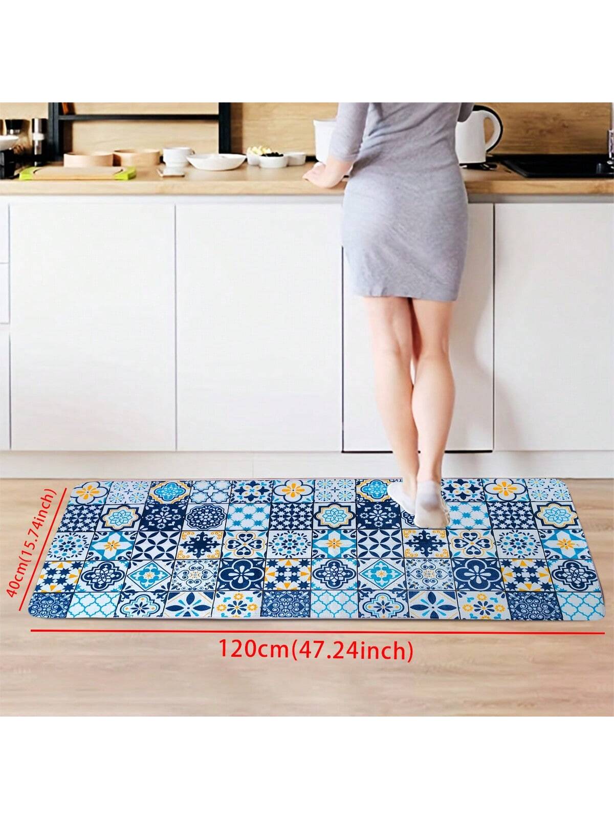 1pc Blue Geometric Pattern Kitchen Mat, Modern Simple Bohemian Style Water-Absorbent Non-Slip Kitchen Carpet, Easy-Clean Anti-Fatigue Kitchen Floor Mat, Foam Mat, Suitable For Parties, Festivals, Gatherings, Gifts, Etc, Ideal For Kitchen, Patio, Aisle, S