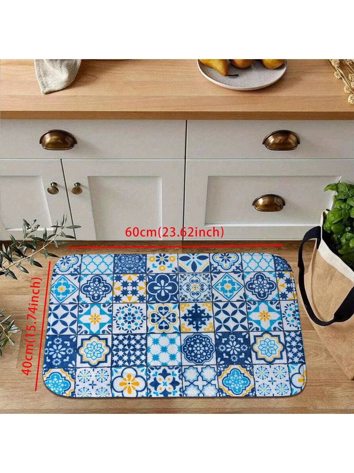 1pc Blue Geometric Pattern Kitchen Mat, Modern Simple Bohemian Style Water-Absorbent Non-Slip Kitchen Carpet, Easy-Clean Anti-Fatigue Kitchen Floor Mat, Foam Mat, Suitable For Parties, Festivals, Gatherings, Gifts, Etc, Ideal For Kitchen, Patio, Aisle, S