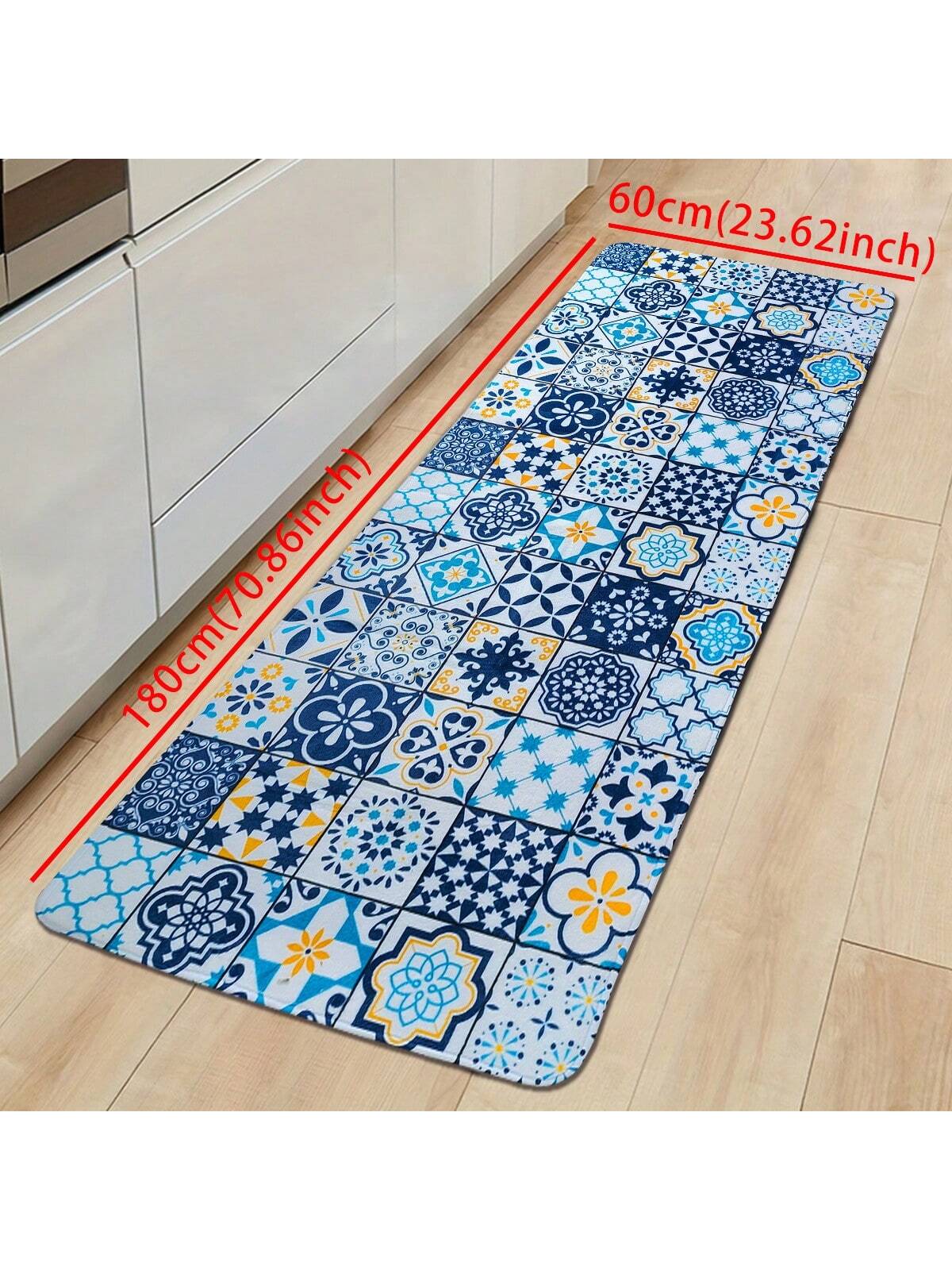 1pc Blue Geometric Pattern Kitchen Mat, Modern Simple Bohemian Style Water-Absorbent Non-Slip Kitchen Carpet, Easy-Clean Anti-Fatigue Kitchen Floor Mat, Foam Mat, Suitable For Parties, Festivals, Gatherings, Gifts, Etc, Ideal For Kitchen, Patio, Aisle, S