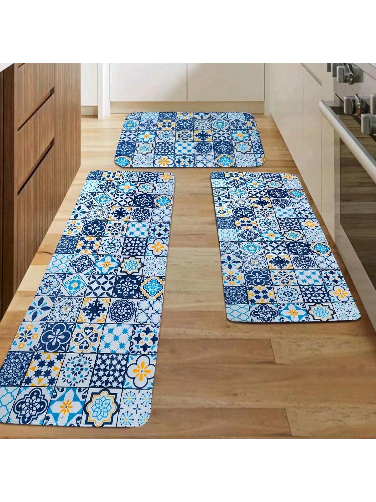 1pc Blue Geometric Pattern Kitchen Mat, Modern Simple Bohemian Style Water-Absorbent Non-Slip Kitchen Carpet, Easy-Clean Anti-Fatigue Kitchen Floor Mat, Foam Mat, Suitable For Parties, Festivals, Gatherings, Gifts, Etc, Ideal For Kitchen, Patio, Aisle, S