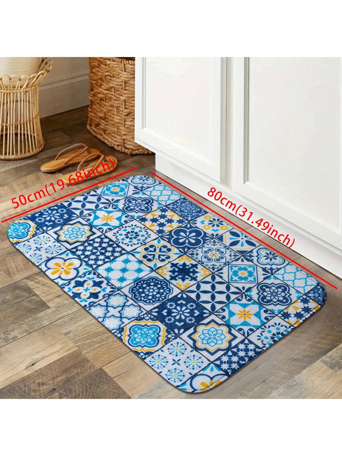 1pc Blue Geometric Pattern Kitchen Mat, Modern Simple Bohemian Style Water-Absorbent Non-Slip Kitchen Carpet, Easy-Clean Anti-Fatigue Kitchen Floor Mat, Foam Mat, Suitable For Parties, Festivals, Gatherings, Gifts, Etc, Ideal For Kitchen, Patio, Aisle, S