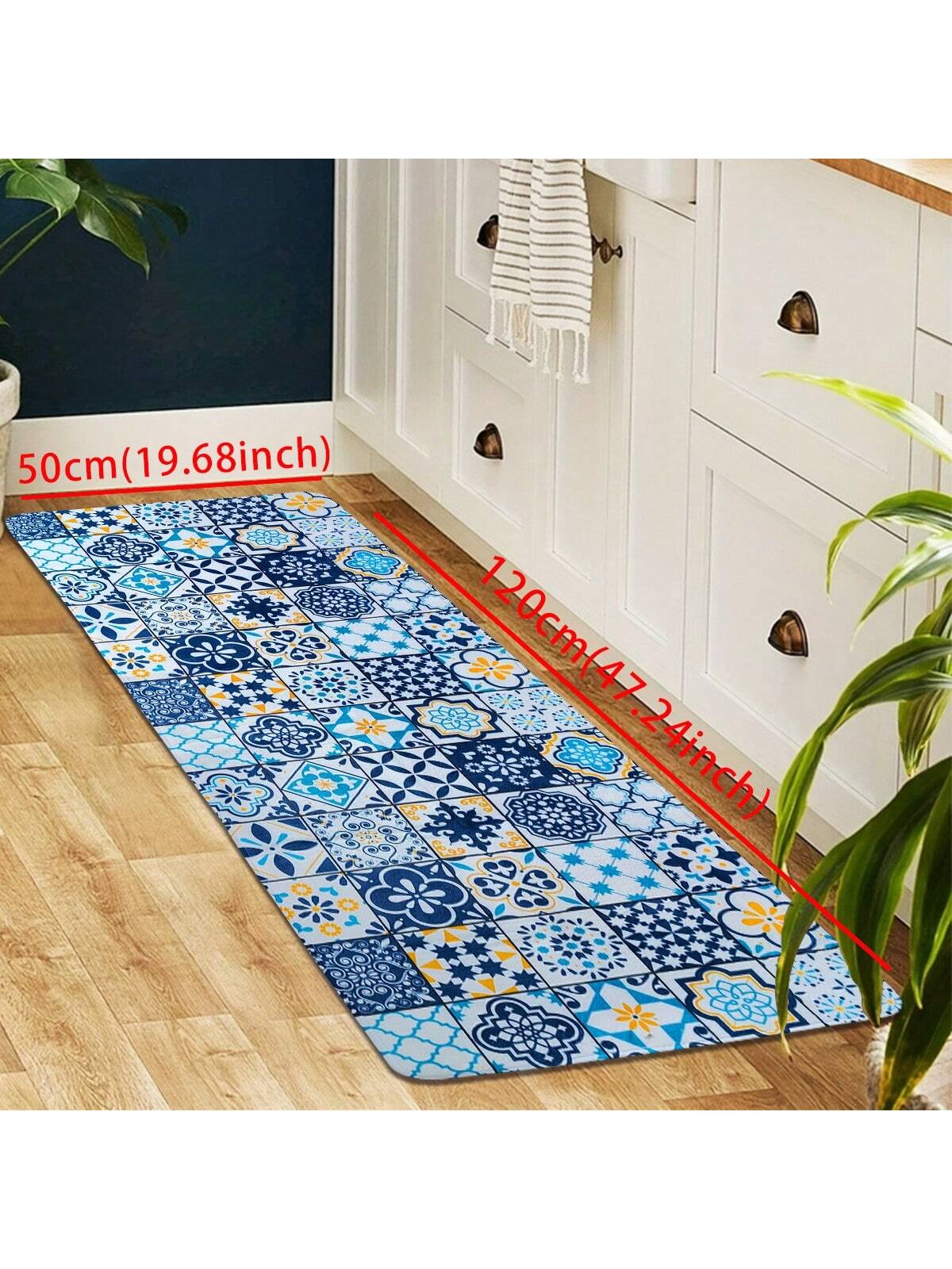 1pc Blue Geometric Pattern Kitchen Mat, Modern Simple Bohemian Style Water-Absorbent Non-Slip Kitchen Carpet, Easy-Clean Anti-Fatigue Kitchen Floor Mat, Foam Mat, Suitable For Parties, Festivals, Gatherings, Gifts, Etc, Ideal For Kitchen, Patio, Aisle, S