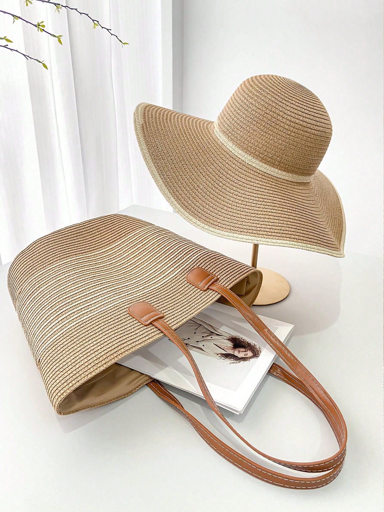 1set Women's Bohemian Style Wide Brim Straw Hat And Large Capacity Bag Combo, Fashionable And Elegant Sun Hat And Beach Bag For Holiday, Travel Or Daily Use