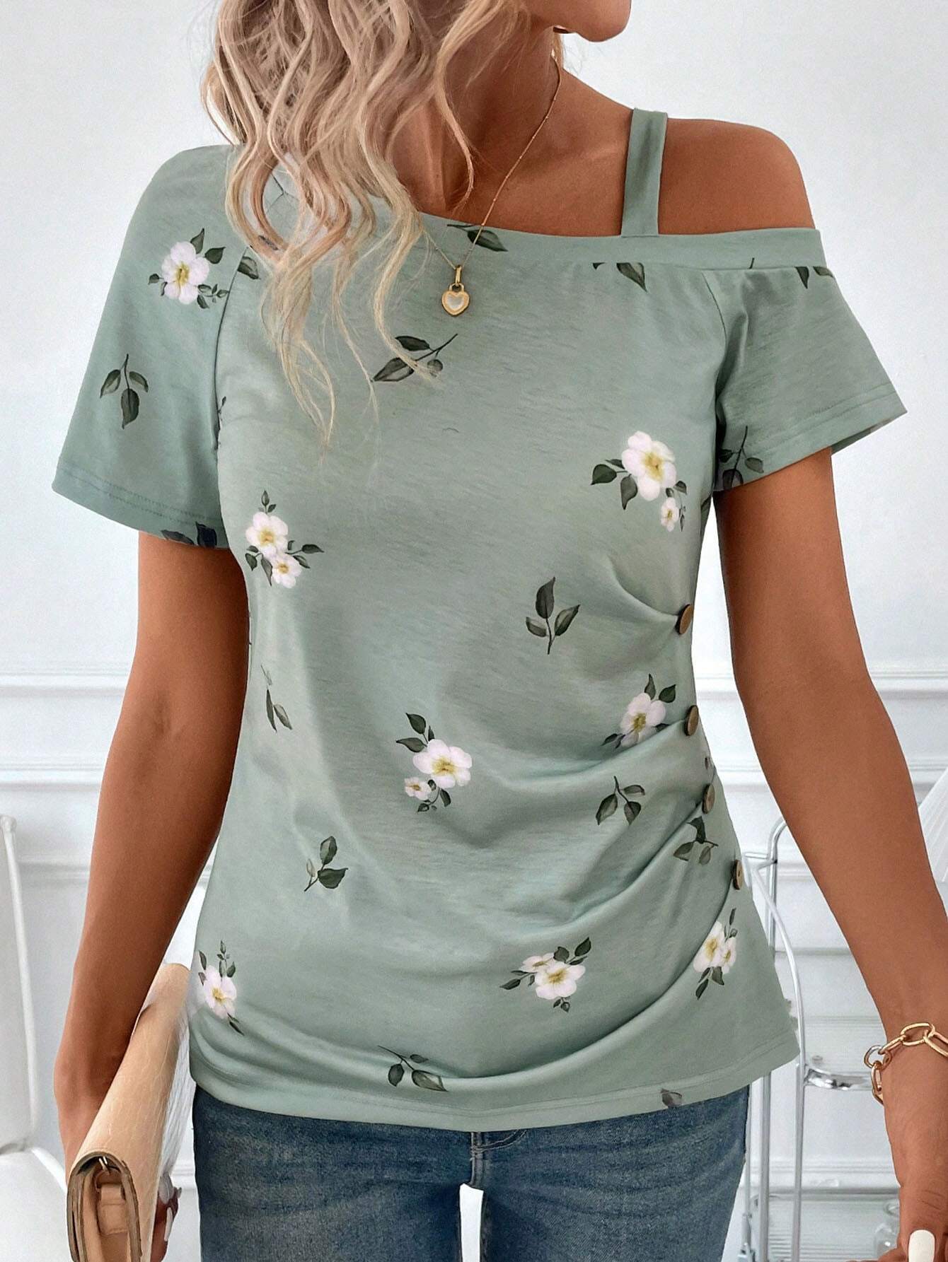 SHEIN Clasi Women's Summer Oblique Shoulder Ruffle Button Floral Printed Short Sleeve T-Shirt