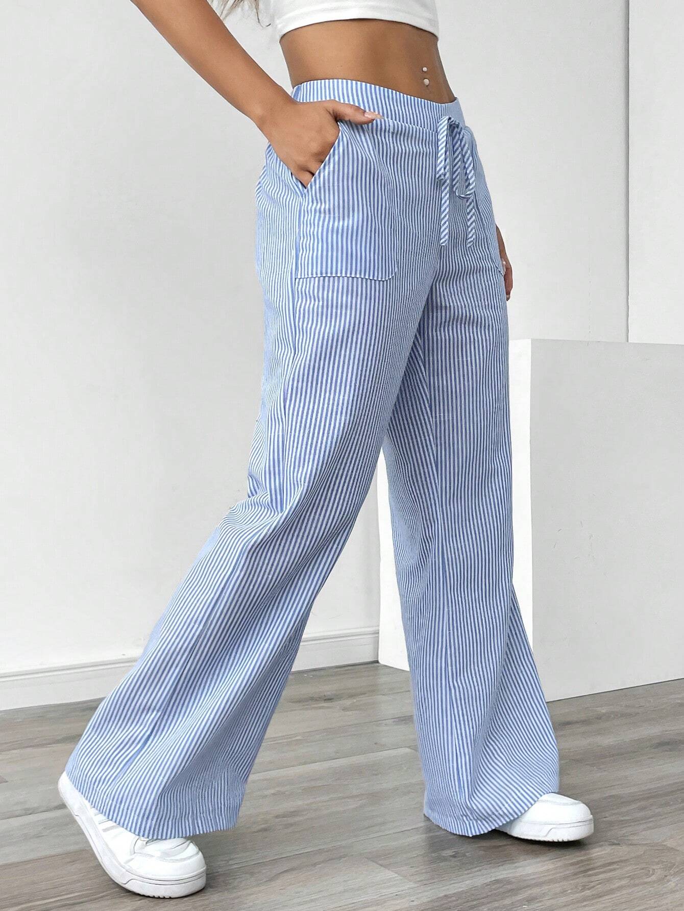 Essnce Women Blue Striped Wide Leg Lounge Pants, Casual & Holiday