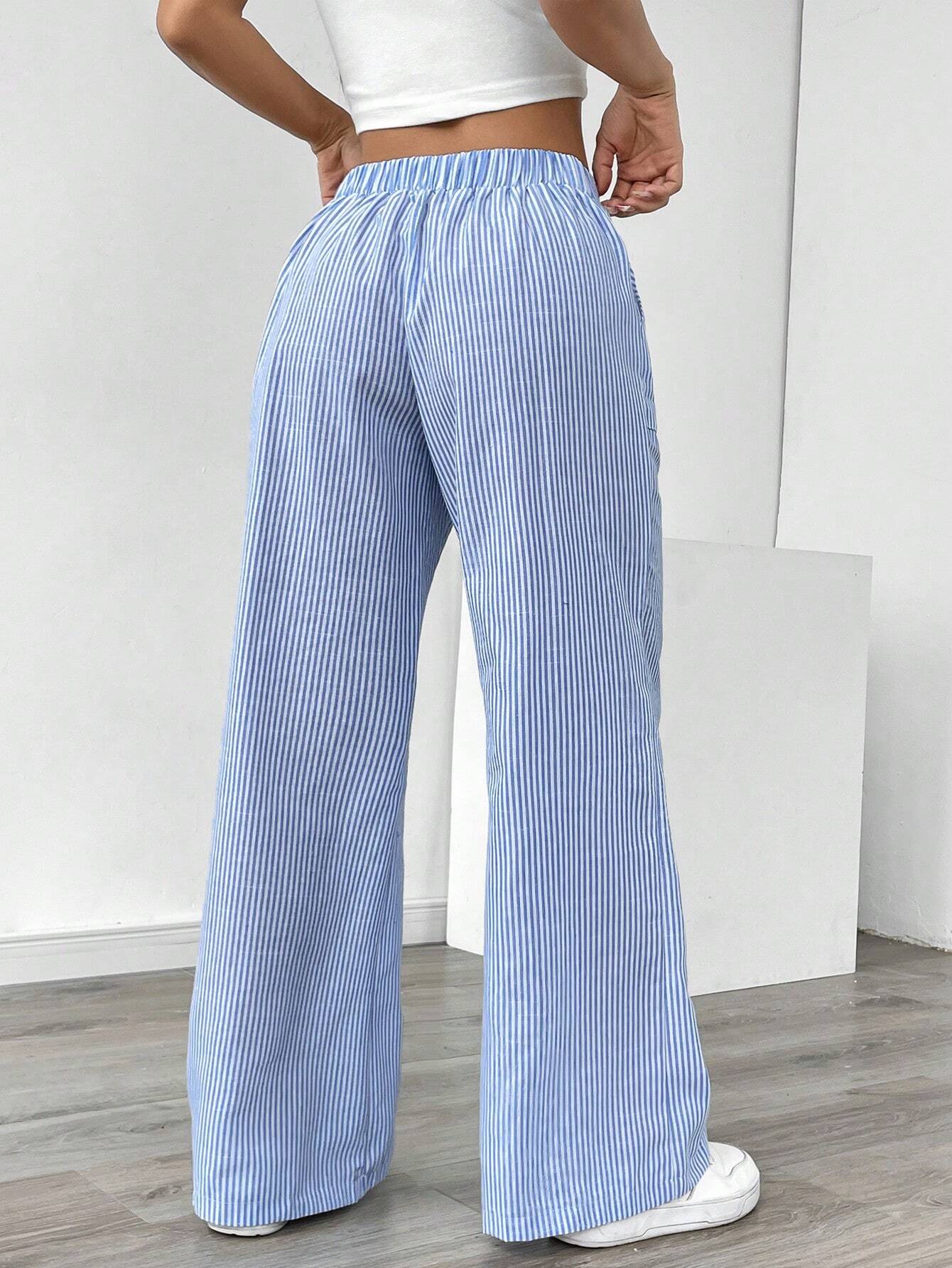 Essnce Women Blue Striped Wide Leg Lounge Pants, Casual & Holiday