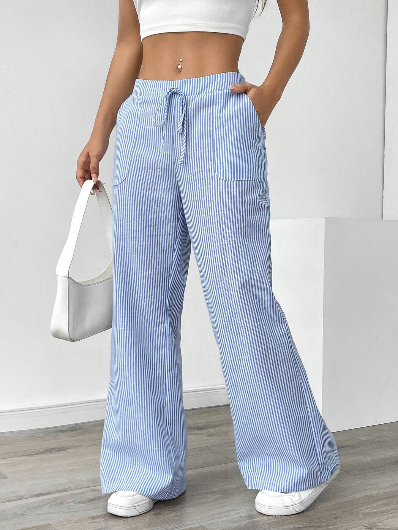 Essnce Women Blue Striped Wide Leg Lounge Pants, Casual & Holiday