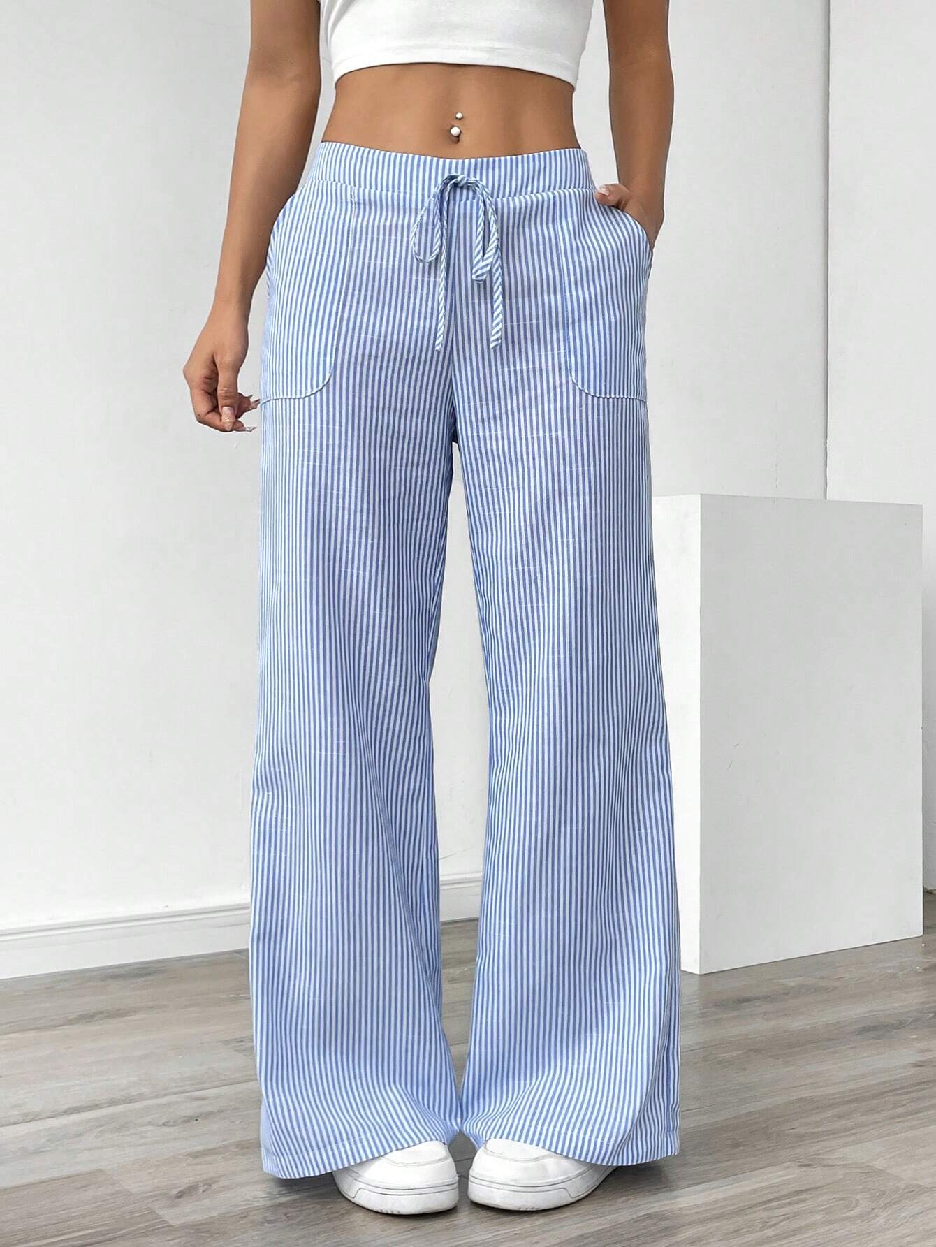 Essnce Women Blue Striped Wide Leg Lounge Pants, Casual & Holiday