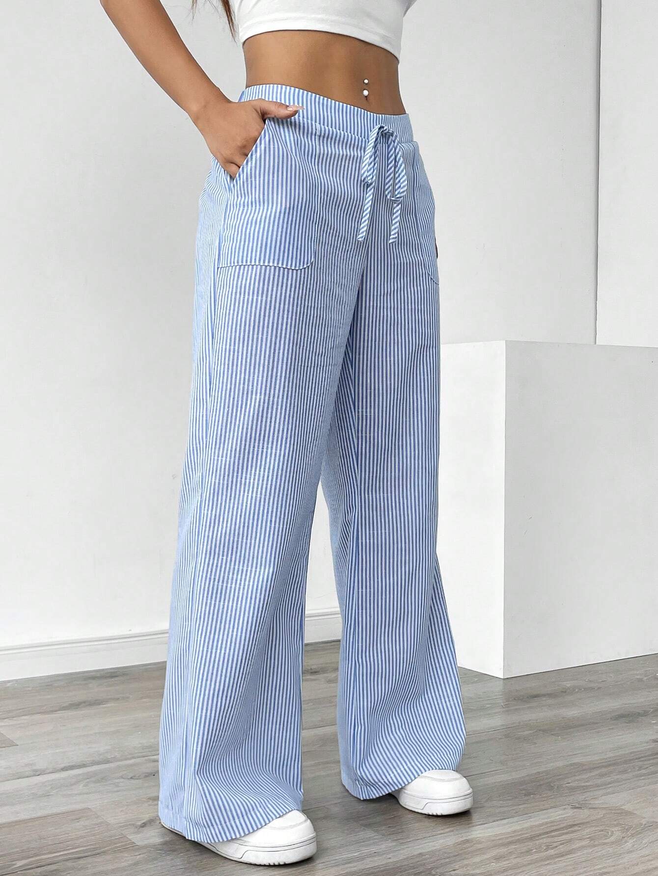 Essnce Women Blue Striped Wide Leg Lounge Pants, Casual & Holiday