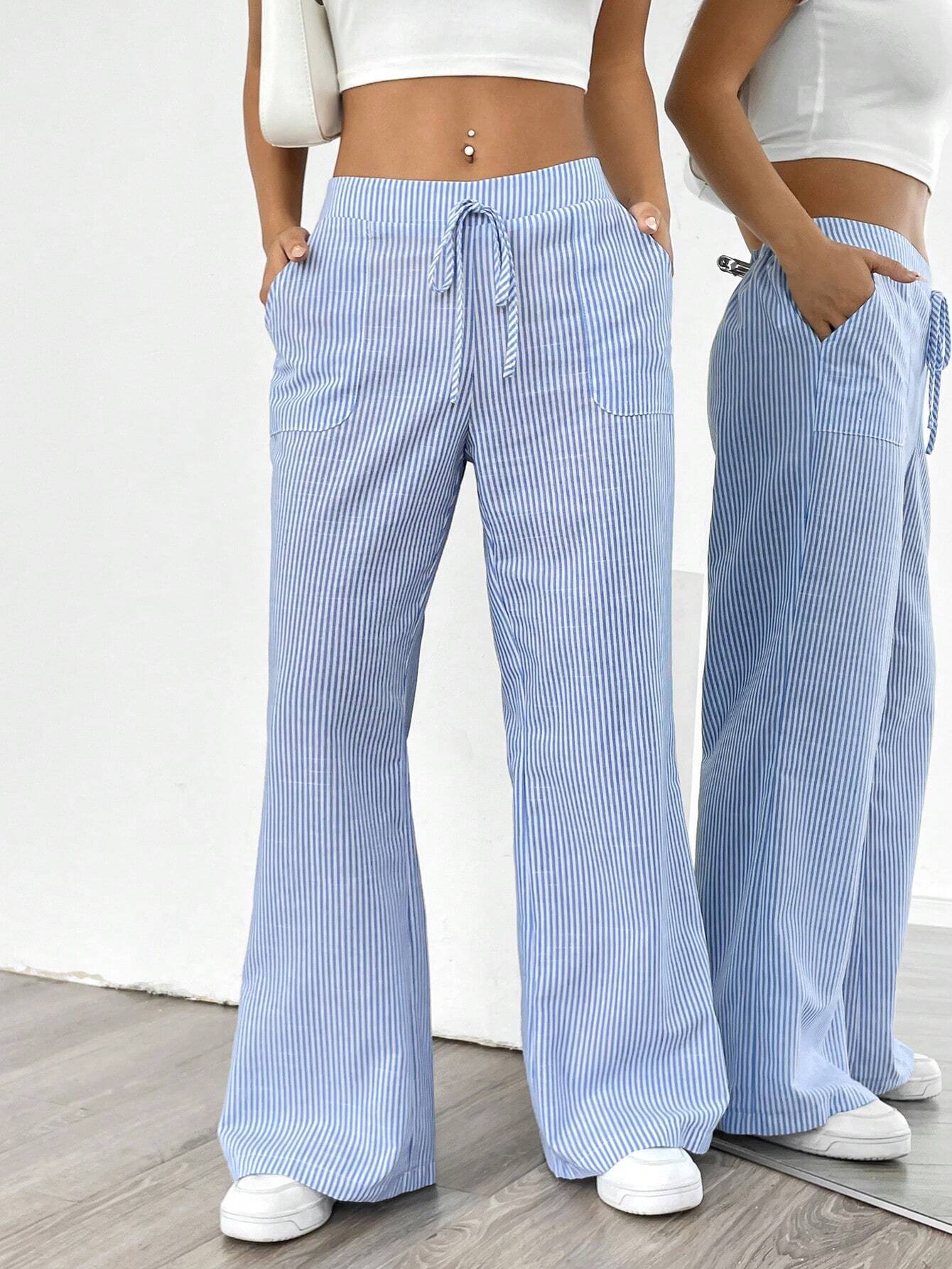 Essnce Women Blue Striped Wide Leg Lounge Pants, Casual & Holiday