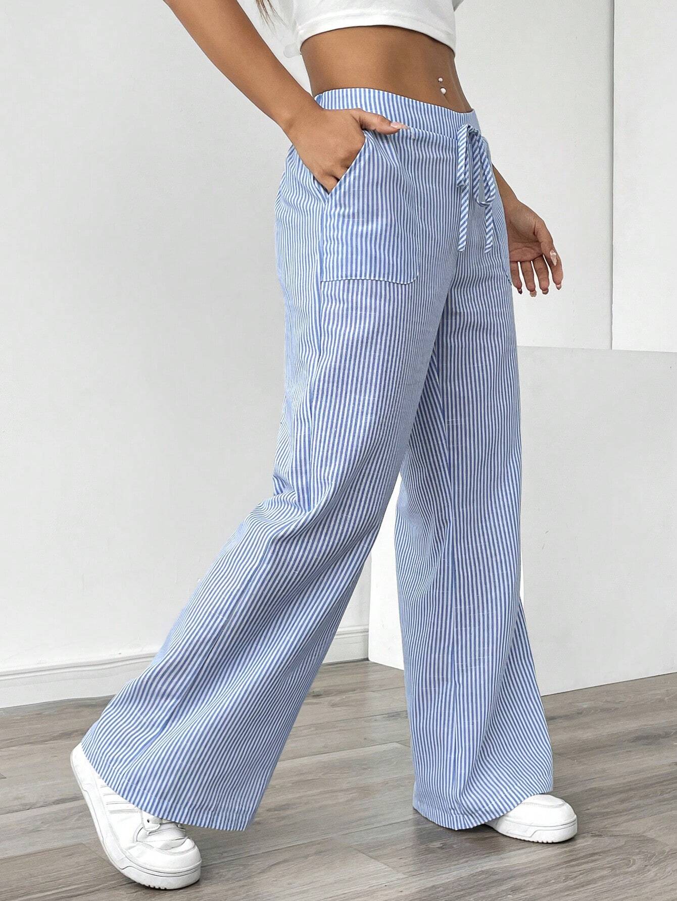 Essnce Women Blue Striped Wide Leg Lounge Pants, Casual & Holiday