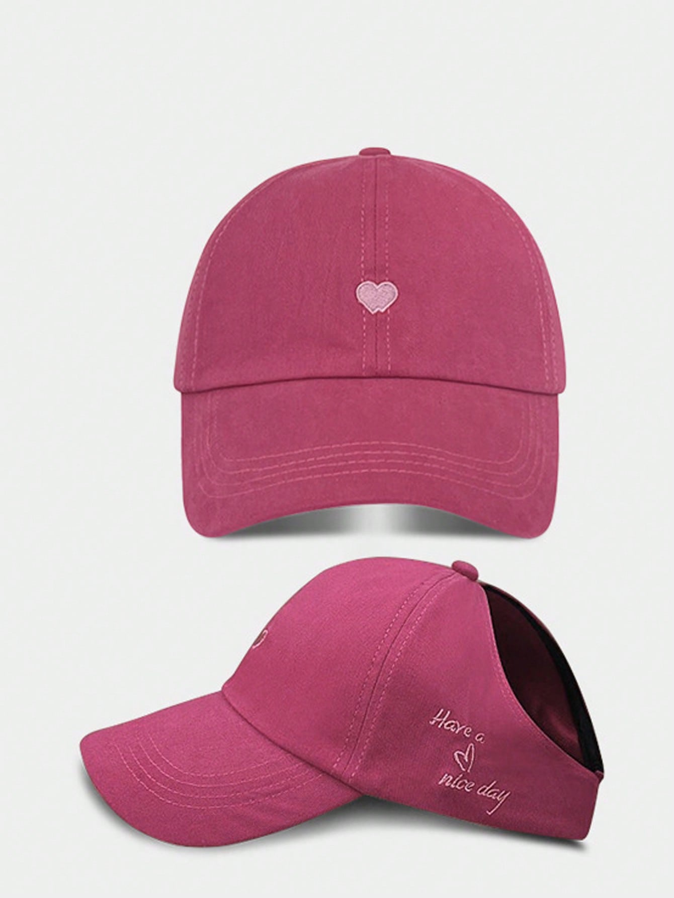 1pc Summer Outdoor Sun Protection Baseball Cap With Sweet & Cool Heart Embroidery, Ponytail Hole, College Style, For Women