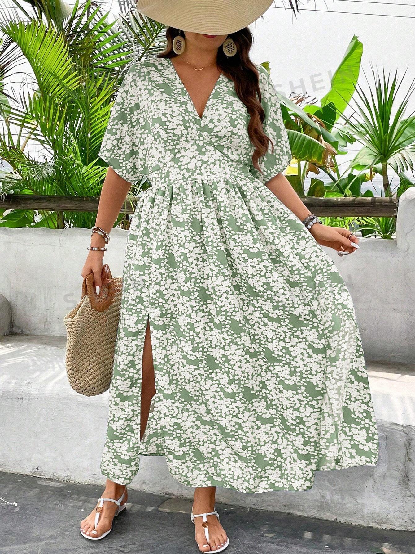 SHEIN VCAY Plus Size Resort V-Neck Ditsy Floral Batwing Sleeve Split Hem Long Dress