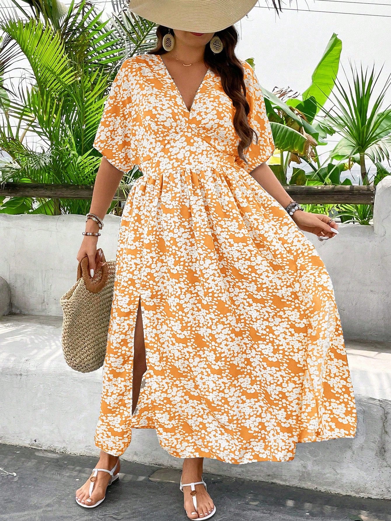 SHEIN VCAY Plus Size Resort V-Neck Ditsy Floral Batwing Sleeve Split Hem Long Dress