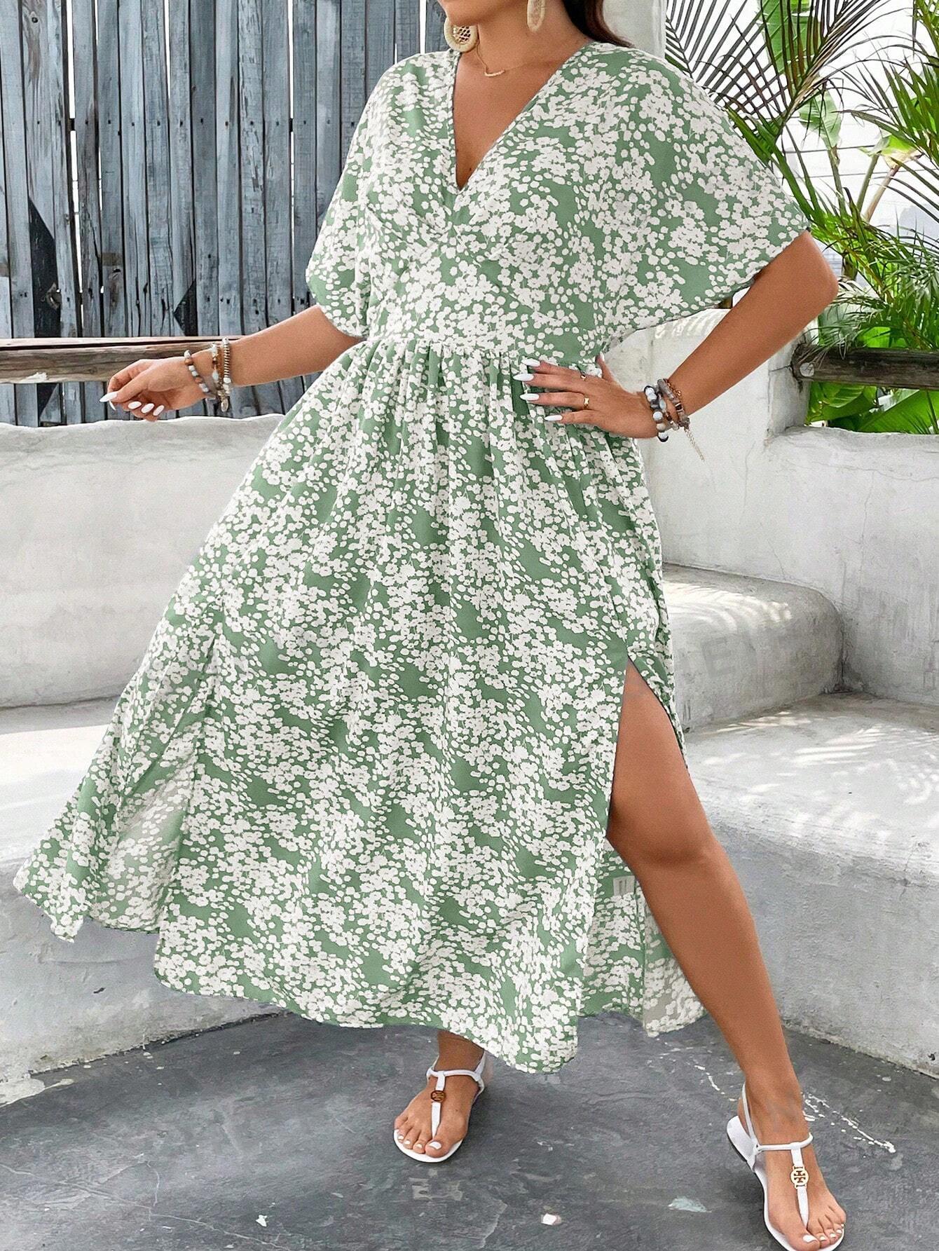 SHEIN VCAY Plus Size Resort V-Neck Ditsy Floral Batwing Sleeve Split Hem Long Dress