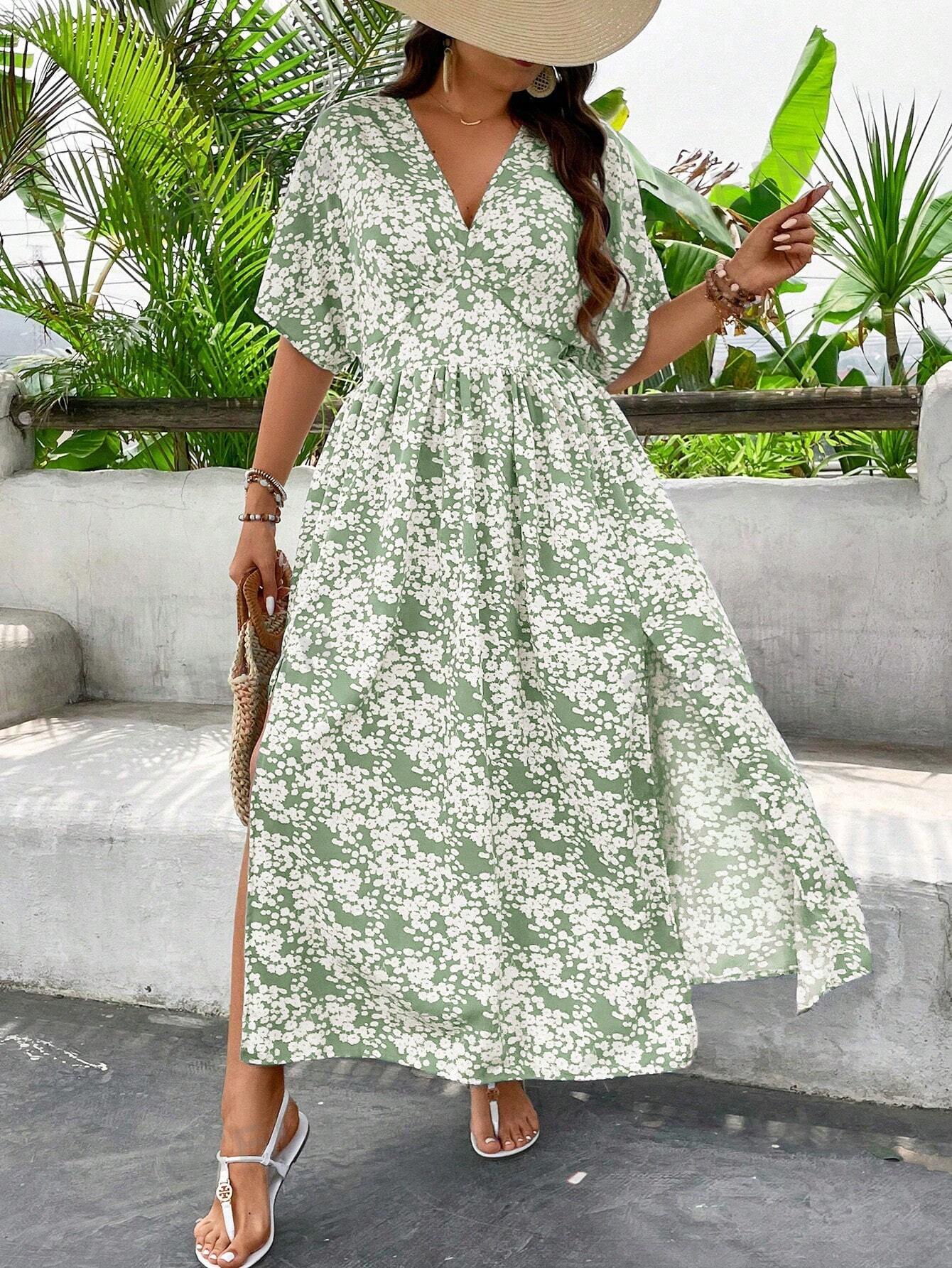 SHEIN VCAY Plus Size Resort V-Neck Ditsy Floral Batwing Sleeve Split Hem Long Dress