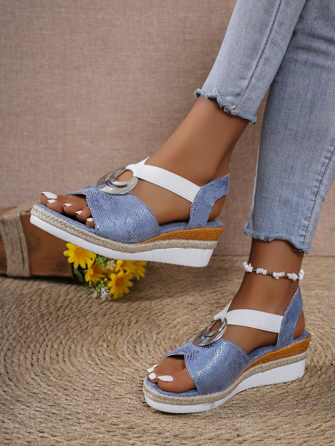 New Summer Casual Wedge Heel Platform Sandals With Metal Buckle Decoration, Lightweight Sole, Peep Toe, Flexible Strap