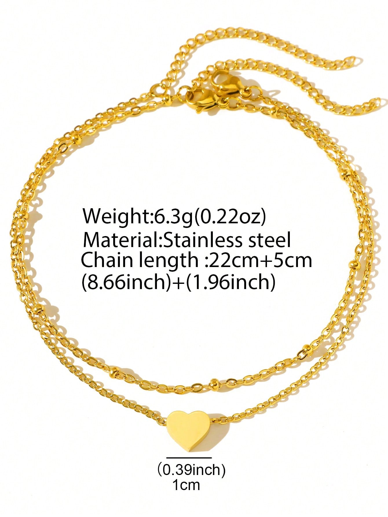 Aomogo 1pc Stainless Steel Women's Double-Layer Chain Heart Pendant Anklet, Trendy And Stylish Accessory For Daily Wear