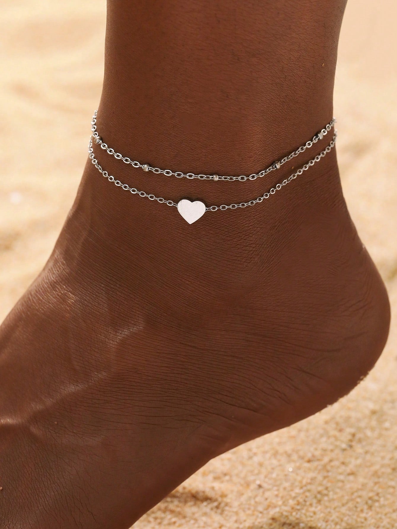 Aomogo 1pc Stainless Steel Women's Double-Layer Chain Heart Pendant Anklet, Trendy And Stylish Accessory For Daily Wear