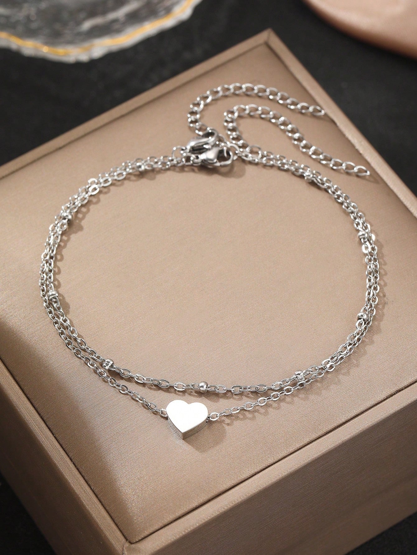 Aomogo 1pc Stainless Steel Women's Double-Layer Chain Heart Pendant Anklet, Trendy And Stylish Accessory For Daily Wear