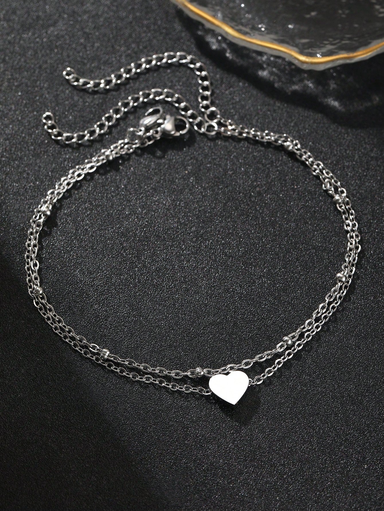 Aomogo 1pc Stainless Steel Women's Double-Layer Chain Heart Pendant Anklet, Trendy And Stylish Accessory For Daily Wear