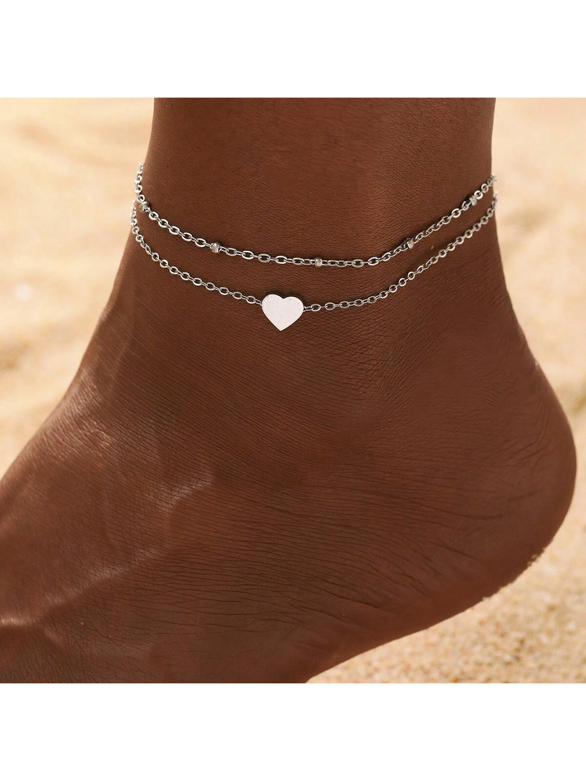 Aomogo 1pc Stainless Steel Women's Double-Layer Chain Heart Pendant Anklet, Trendy And Stylish Accessory For Daily Wear