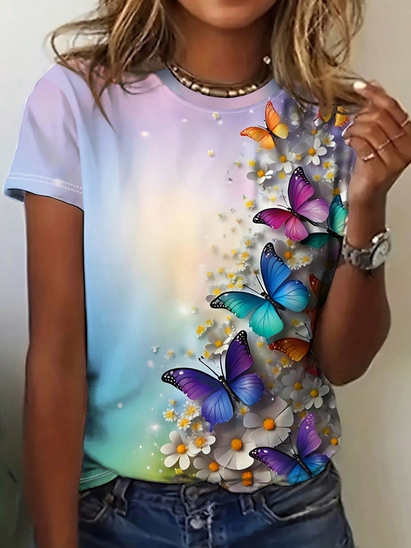 LUNE Women's 3D Effect Ditsy Floral Butterfly Ombre Printed Short Sleeve T-Shirt, Spring/Summer