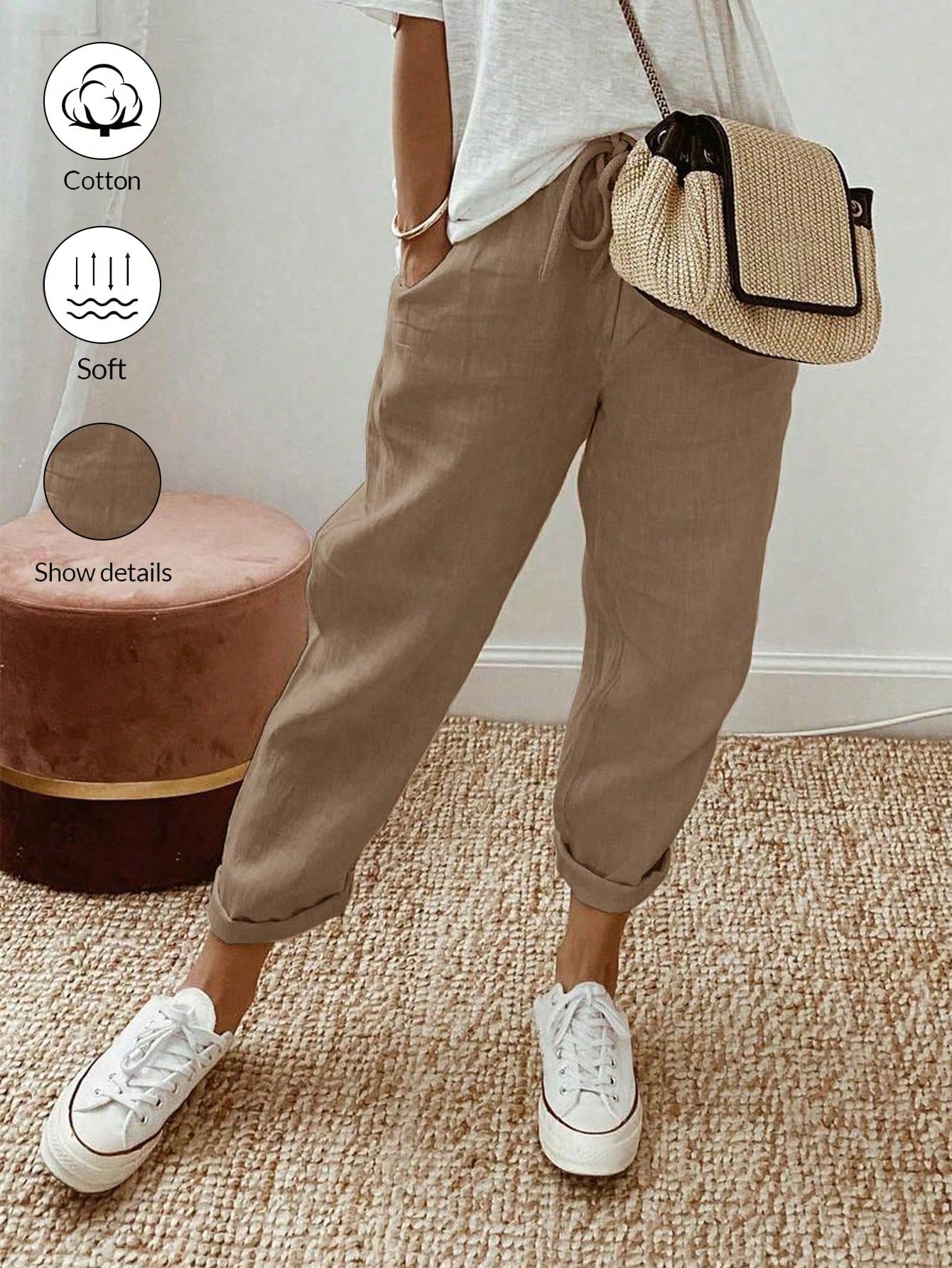 LUNE Solid Color Elastic Waistband Tapered Pants With Diagonal Pockets And Tie Belt For Casual And Versatile Look,Ladies Spring/Fall Casual Drawstring,Pocket Natural Jogger Cropped Khaki Regular Fit Women Pants,Casual Daily Wear