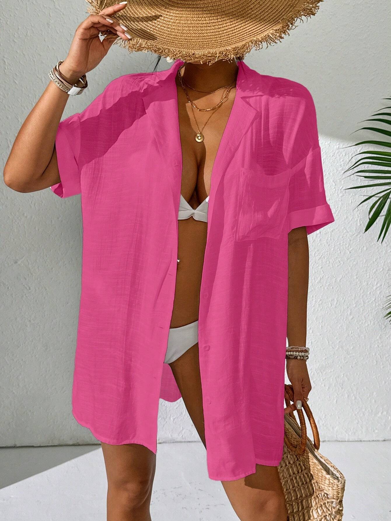 Swim Women Simple Solid Color Short Sleeve Kimono Cover Up,Summer Beach