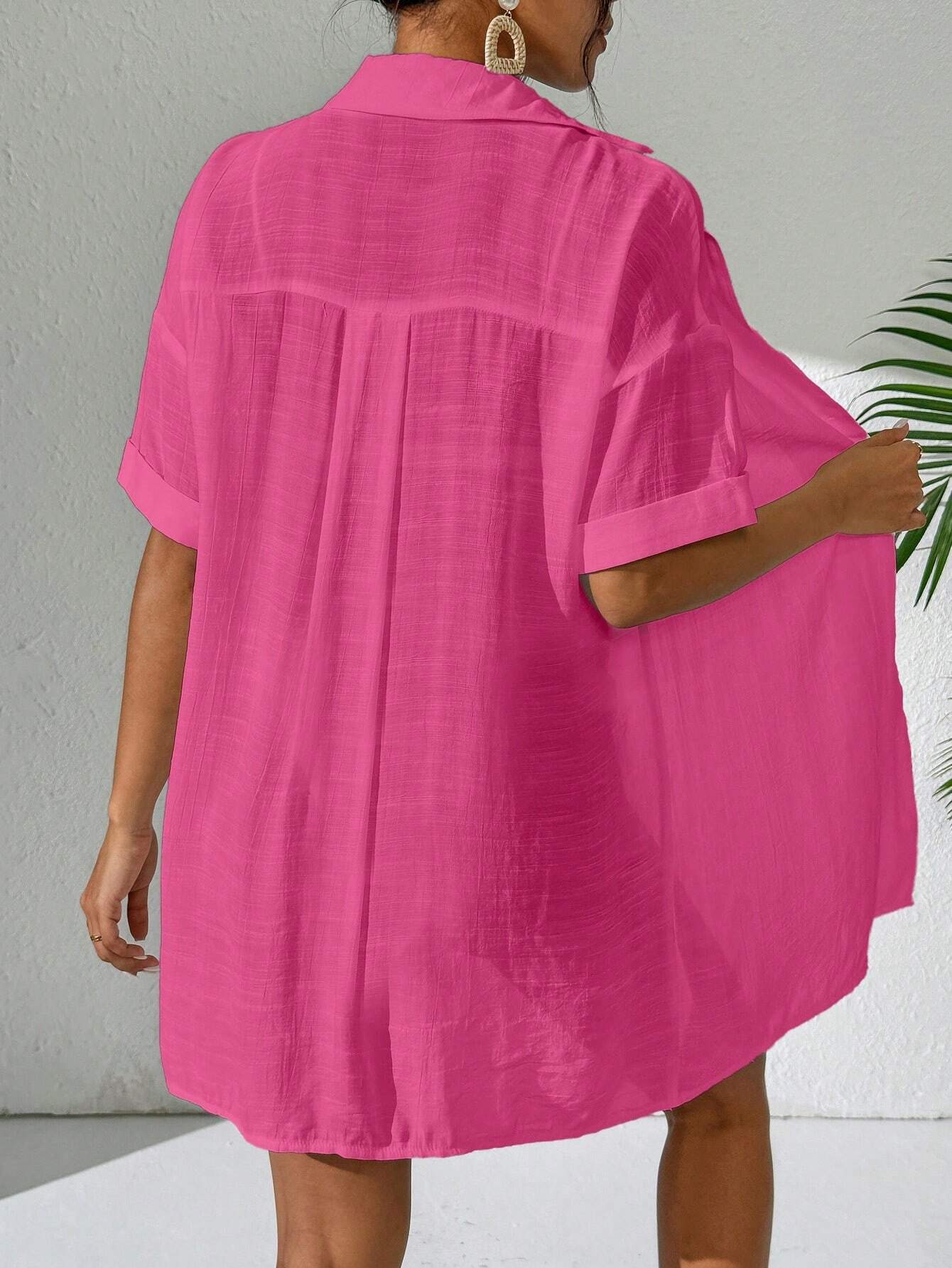 Swim Women Simple Solid Color Short Sleeve Kimono Cover Up,Summer Beach