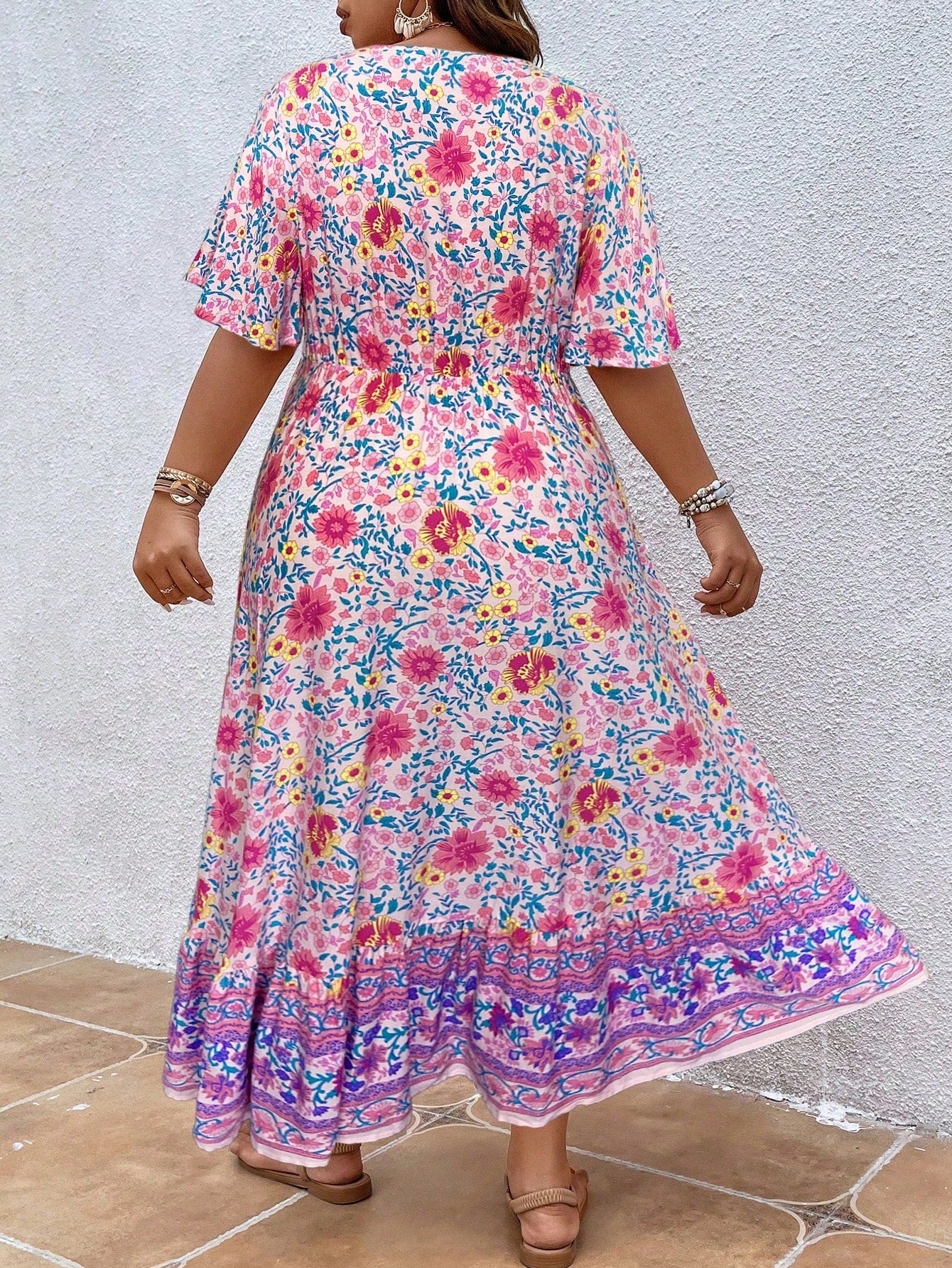 Plus Floral Print Butterfly Sleeve Dress Maxi Women Outfit