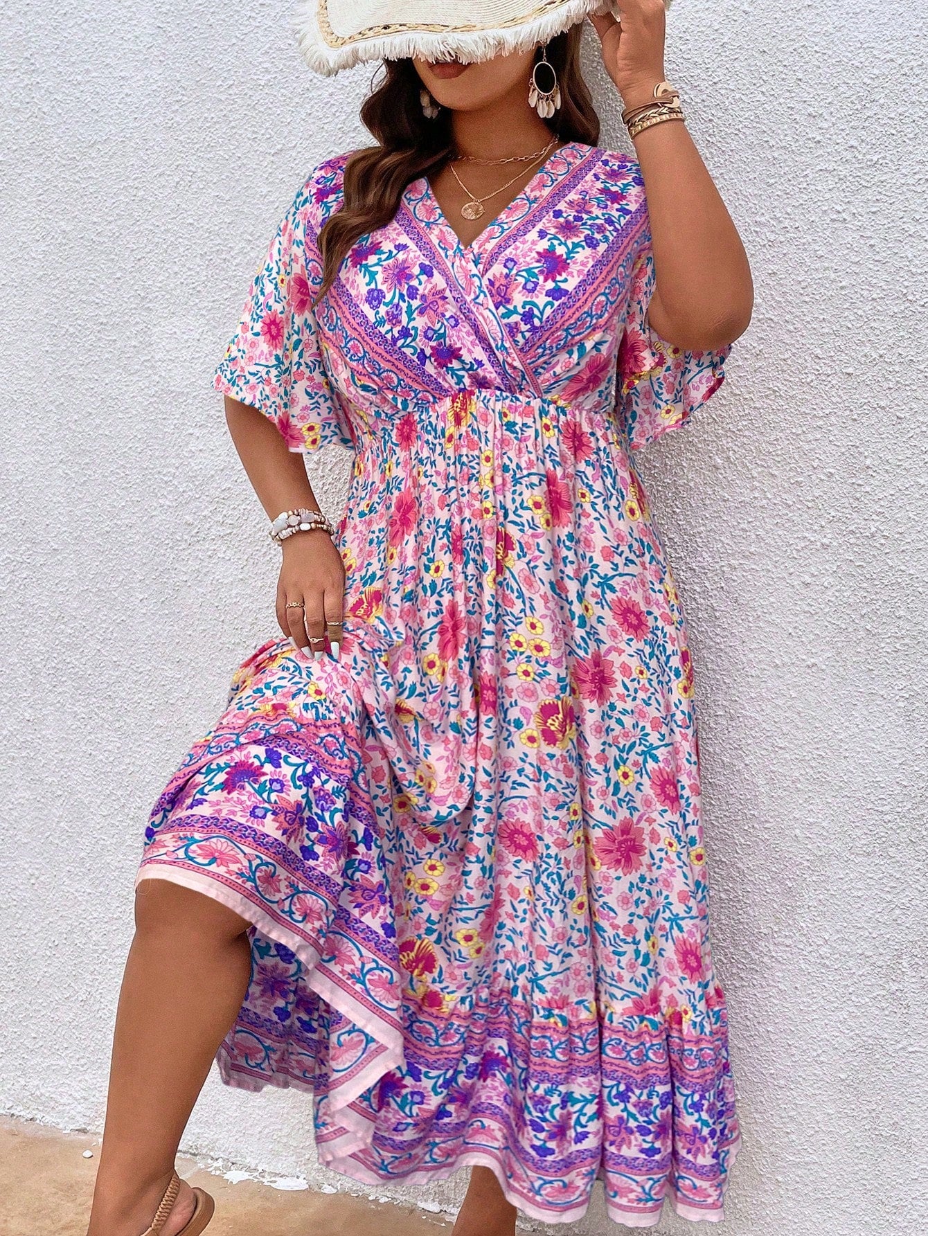 Plus Floral Print Butterfly Sleeve Dress Maxi Women Outfit