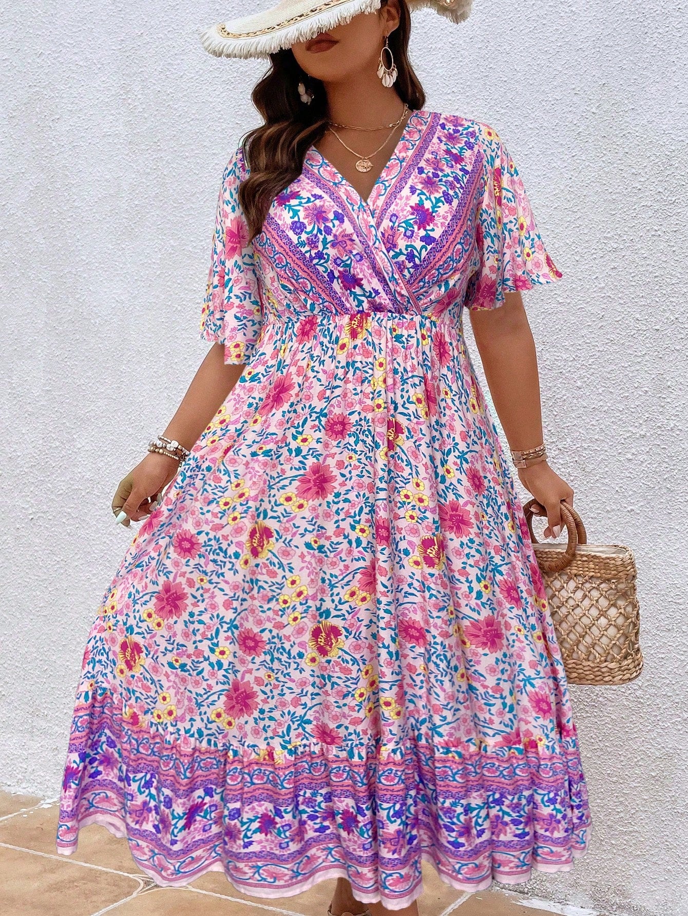 Plus Floral Print Butterfly Sleeve Dress Maxi Women Outfit