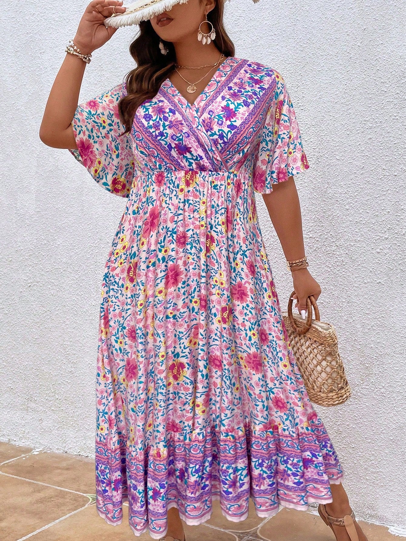 Plus Floral Print Butterfly Sleeve Dress Maxi Women Outfit